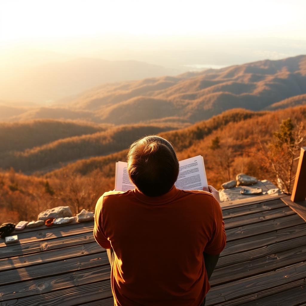 Person reading on a mountain deck overlooking the Blue Ridge at golden hour