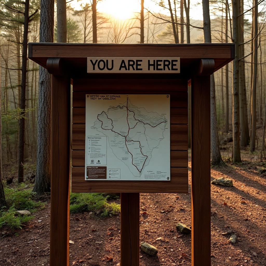 Wooden trailhead map kiosk with a You Are Here marker