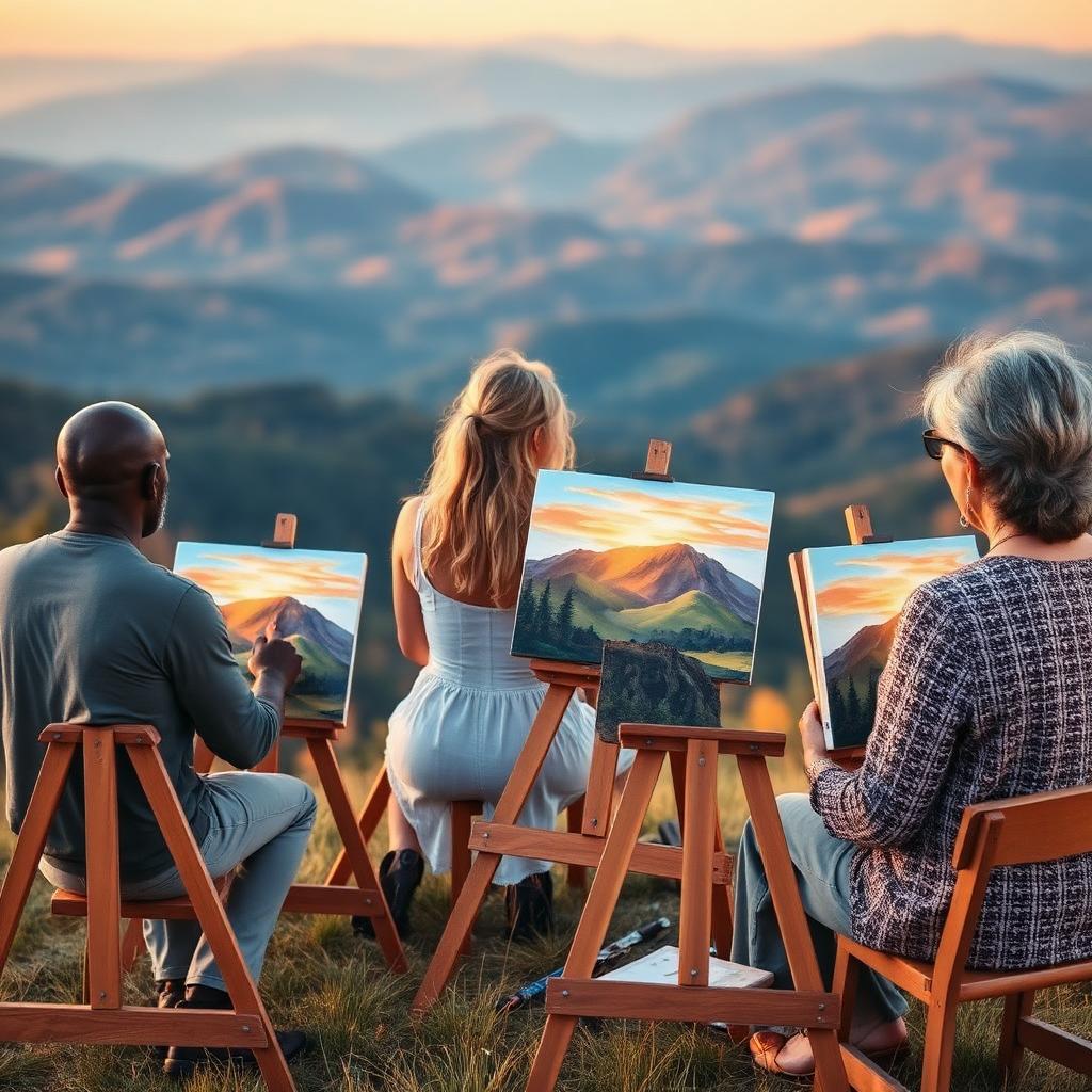 Outdoor art class on a grassy mountain overlook with easels showing paintings of the Blue Ridge Mountains at golden hour