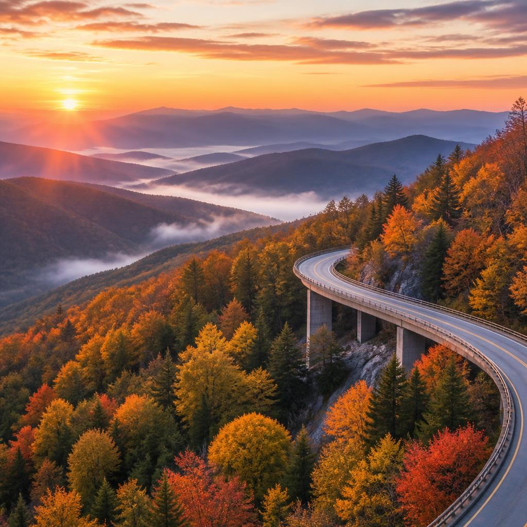 Aerial view of the Blue Ridge Parkway viaduct winding through autumn-colored Blue Ridge Mountains at sunrise