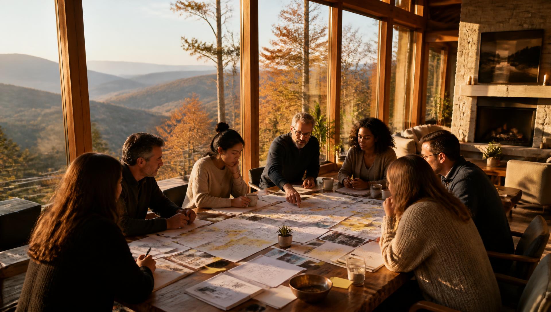 Leadership team gathered around a table covered in sticky notes and journey maps inside a mountain lodge with Blue Ridge views at golden hour